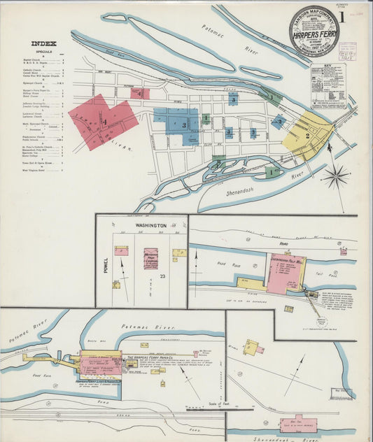 Sanborn Fire Insurance Map from Harpers Ferry, Jefferson County, West Virginia (1907), Sheet #0001 - Historic Sanborn Fire Insurance Map Print, vintage old map wall art, antique decor, genealogy gift, West Virginia West Virginia map