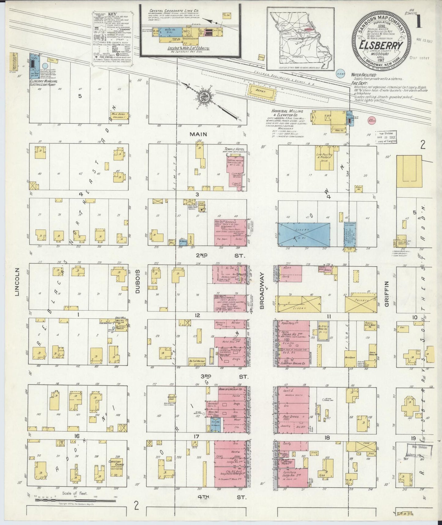 Sanborn Fire Insurance Map from Elsberry, Lincoln County, Missouri (1917), Sheet #0001 - Complete Map Set gallery image, historic Sanborn map, vintage wall art, Missouri Missouri