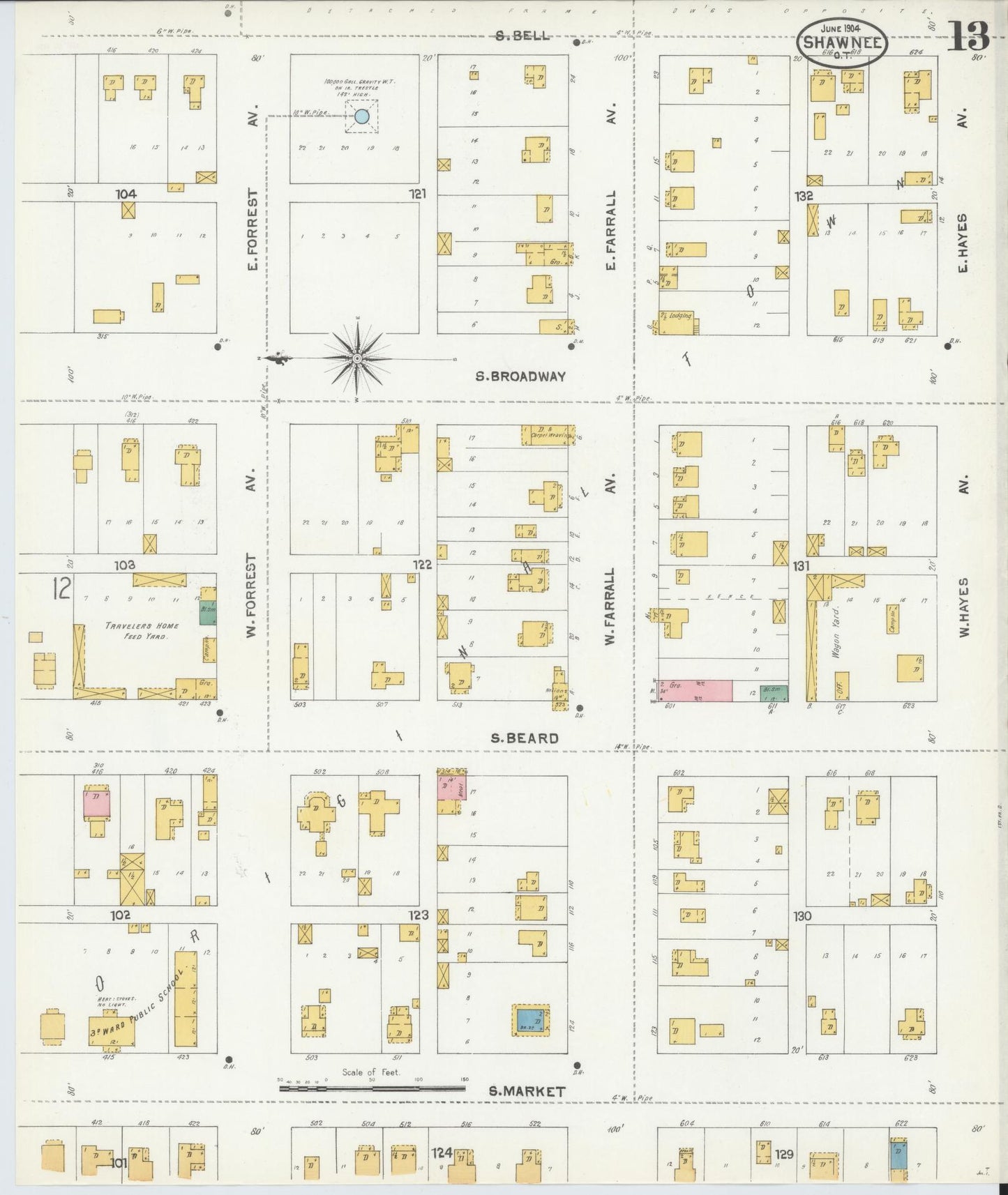 Sanborn Fire Insurance Map from Shawnee, Pottawatomie County, Oklahoma (1904), Sheet #0013 - Complete Map Set gallery image, historic Sanborn map, vintage wall art, Oklahoma Oklahoma