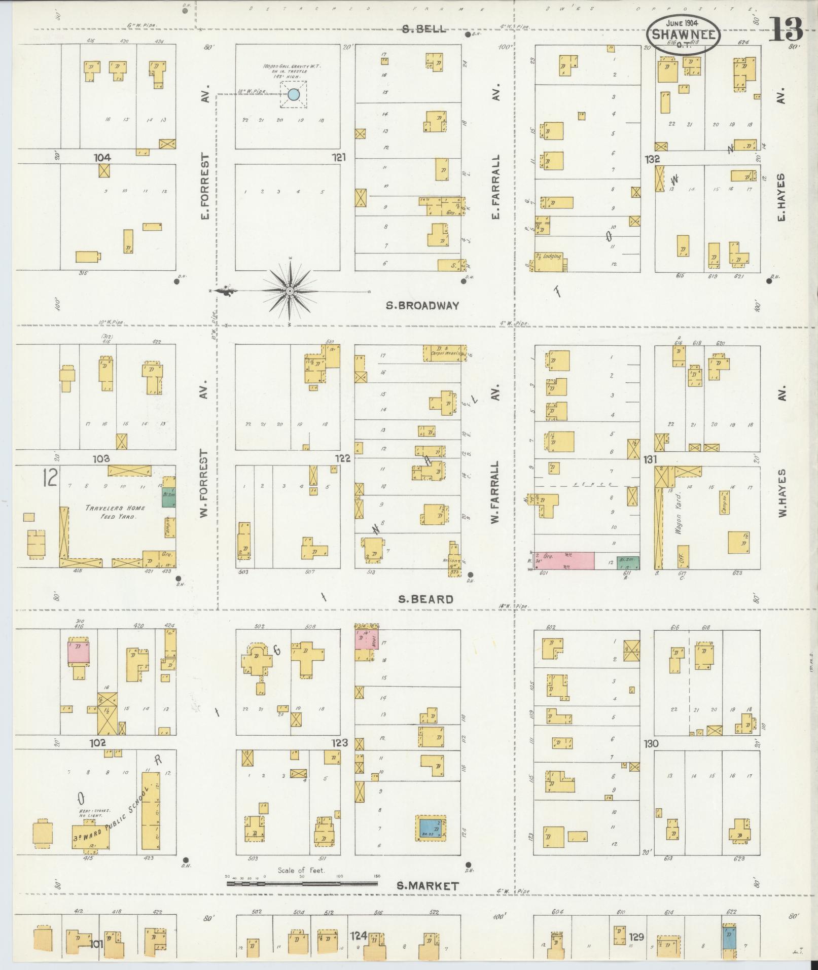 Sanborn Fire Insurance Map from Shawnee, Pottawatomie County, Oklahoma (1904), Sheet #0013 - Complete Map Set gallery image, historic Sanborn map, vintage wall art, Oklahoma Oklahoma
