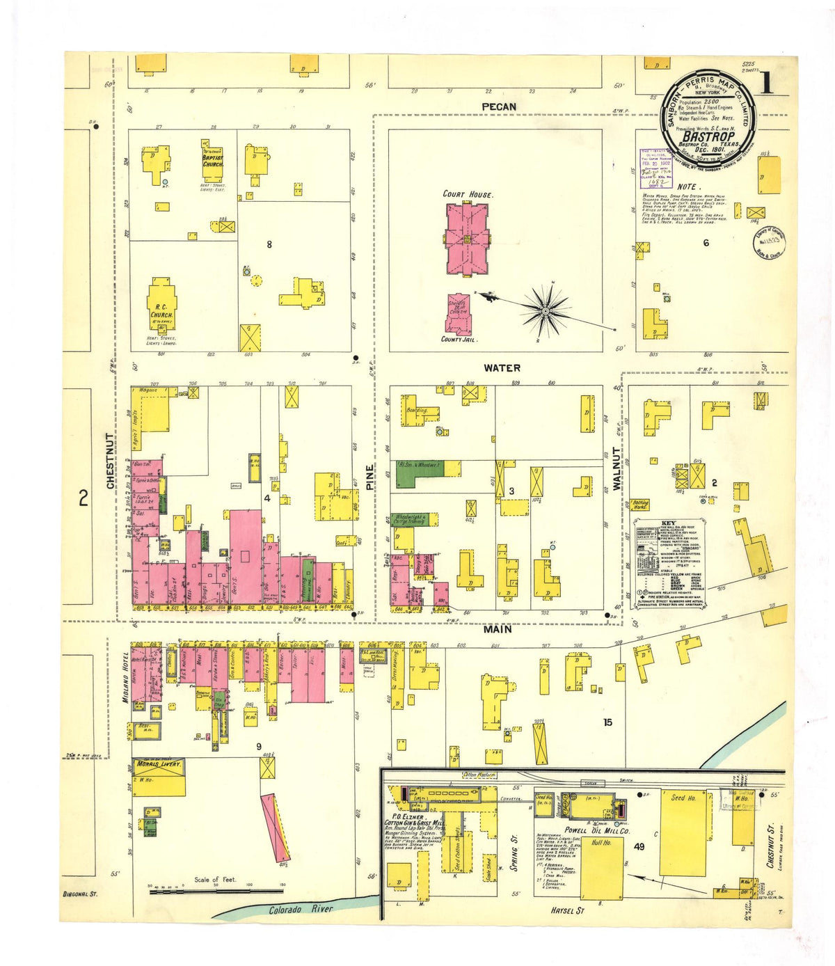 Sanborn Fire Insurance Map from Bastrop, Bastrop County, Texas (1901), Sheet #0001 - Historic Sanborn Fire Insurance Map Print, vintage old map wall art, antique decor, genealogy gift, Texas Texas map