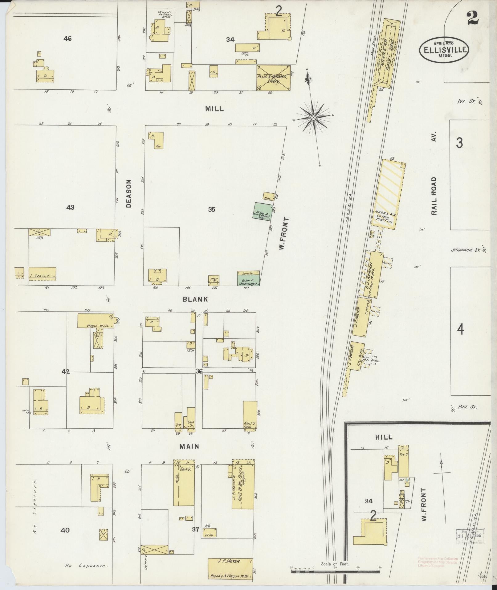 Sanborn Fire Insurance Map from Ellisville, Jones County, Mississippi (1898), Sheet #0002 - Historic Sanborn Fire Insurance Map Print, vintage old map wall art, antique decor, genealogy gift, Mississippi Mississippi map