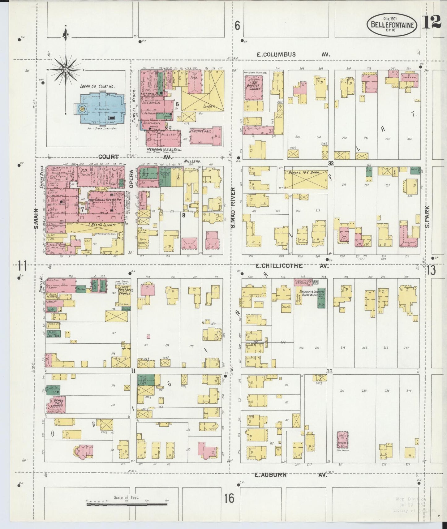 Sanborn Fire Insurance Map from Bellefontaine, Logan County, Ohio (1901), Sheet #0012 - Complete Map Set gallery image, historic Sanborn map, vintage wall art, Ohio Ohio