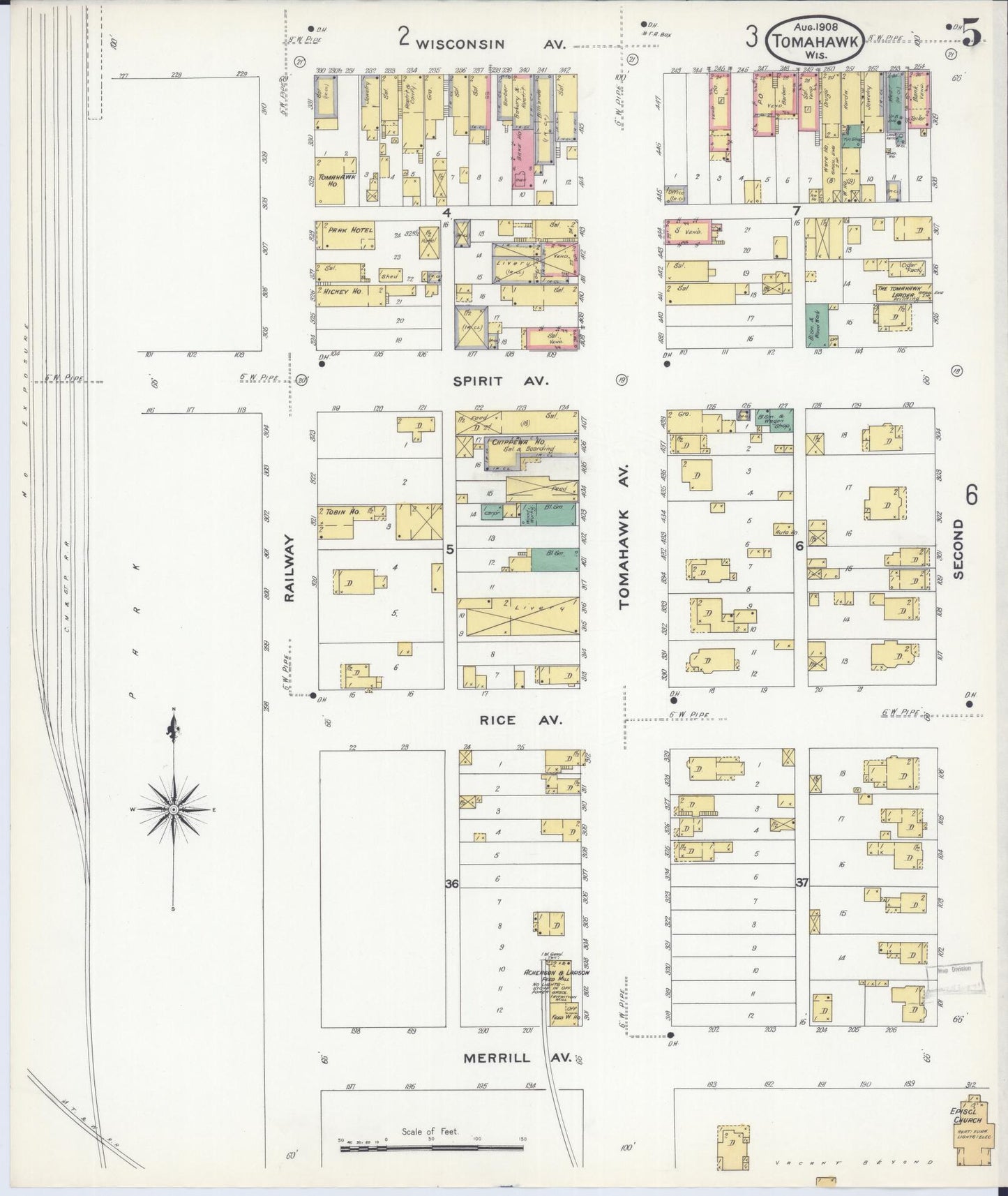 Sanborn Fire Insurance Map from Tomahawk, Lincoln County, Wisconsin (1908), Sheet #0005 - Complete Map Set gallery image, historic Sanborn map, vintage wall art, Wisconsin Wisconsin