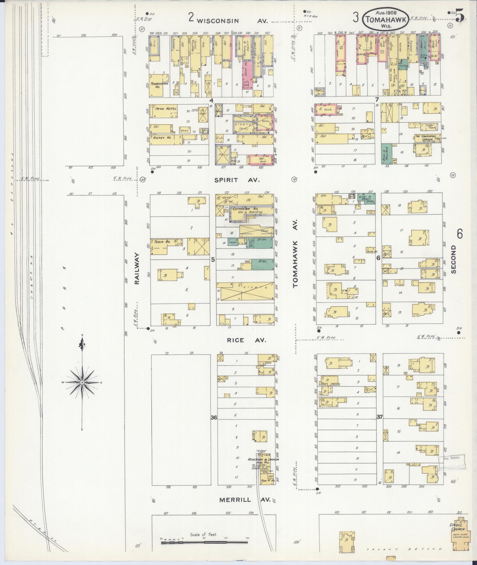 Sanborn Fire Insurance Map from Tomahawk, Lincoln County, Wisconsin (1908), Sheet #0005 - Complete Map Set gallery image, historic Sanborn map, vintage wall art, Wisconsin Wisconsin