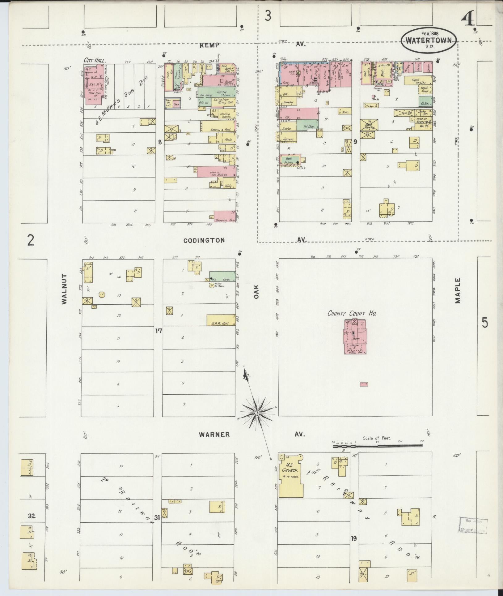 Sanborn Fire Insurance Map from Watertown, Codington County, South Dakota (1898), Sheet #0004 - Historic Sanborn Fire Insurance Map Print, vintage old map wall art, antique decor, genealogy gift, South Dakota South Dakota map