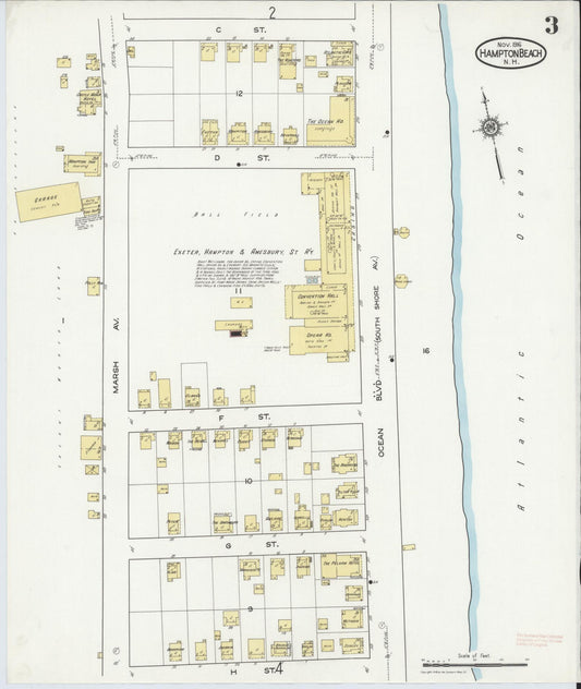 Sanborn Fire Insurance Map from Hampton Beach, Rockingham County, New Hampshire (1916), Sheet #0003 - Historic Sanborn Fire Insurance Map Print, vintage old map wall art, antique decor, genealogy gift, New Hampshire New Hampshire map