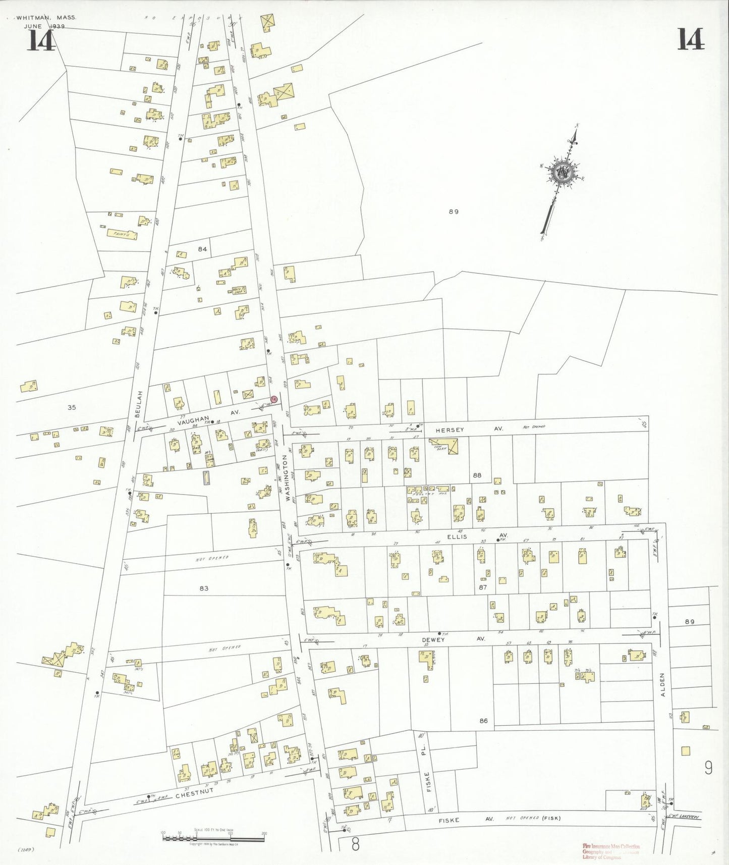 Sanborn Fire Insurance Map from Whitman, Plymouth County, Massachusetts (1939), Sheet #0014 - Historic Sanborn Fire Insurance Map Print, vintage old map wall art, antique decor, genealogy gift, Massachusetts Massachusetts map