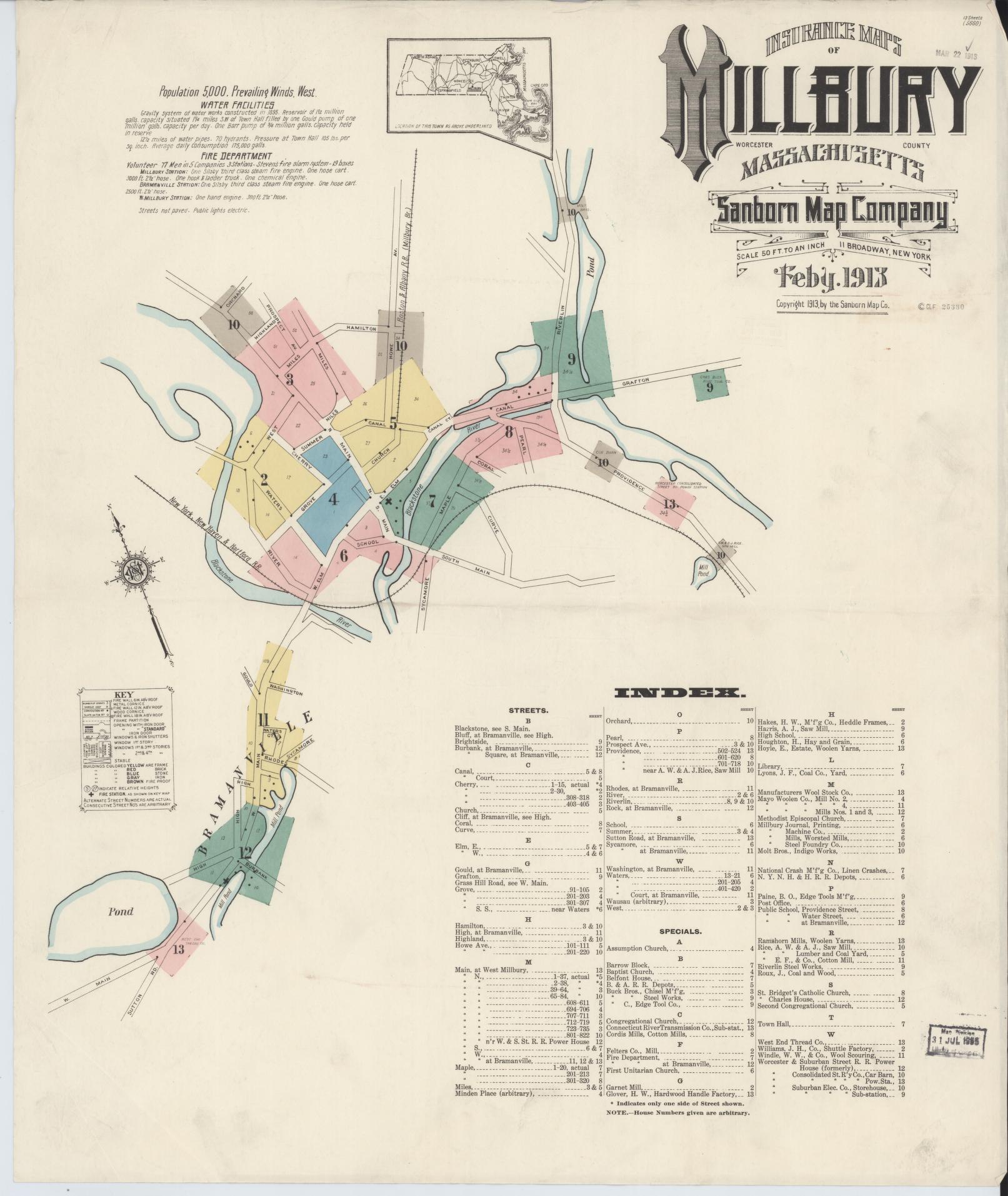 Sanborn Fire Insurance Map from Millbury, Worcester County, Massachusetts (1913), Sheet #0001 - Historic Sanborn Fire Insurance Map Print, vintage old map wall art, antique decor, genealogy gift, Massachusetts Massachusetts map