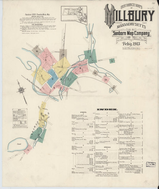 Sanborn Fire Insurance Map from Millbury, Worcester County, Massachusetts (1913), Sheet #0001 - Historic Sanborn Fire Insurance Map Print, vintage old map wall art, antique decor, genealogy gift, Massachusetts Massachusetts map