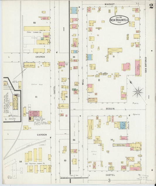 Sanborn Fire Insurance Map from New Braunfels, Comal County, Texas (1896), Sheet #0002 - Historic Sanborn Fire Insurance Map Print, vintage old map wall art, antique decor, genealogy gift, Texas Texas map