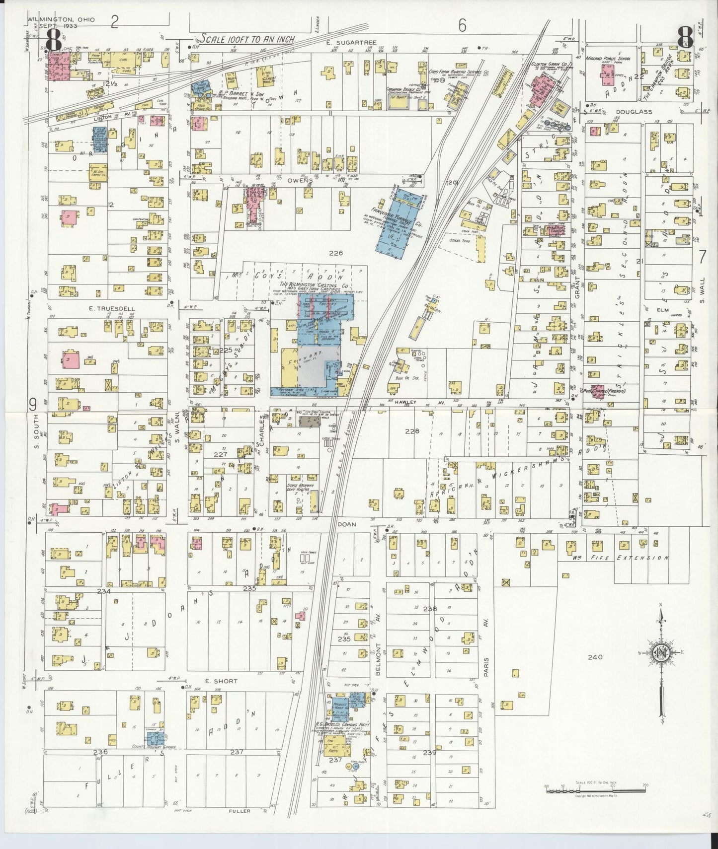 Sanborn Fire Insurance Map from Wilmington, Clinton County, Ohio (1933), Sheet #0008 - Historic Sanborn Fire Insurance Map Print, vintage old map wall art, antique decor, genealogy gift, Ohio Ohio map