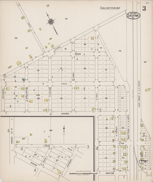 Sanborn Fire Insurance Map from Devine, Medina County, Texas (1922), Sheet #0003 - Historic Sanborn Fire Insurance Map Print, vintage old map wall art, antique decor, genealogy gift, Texas Texas map