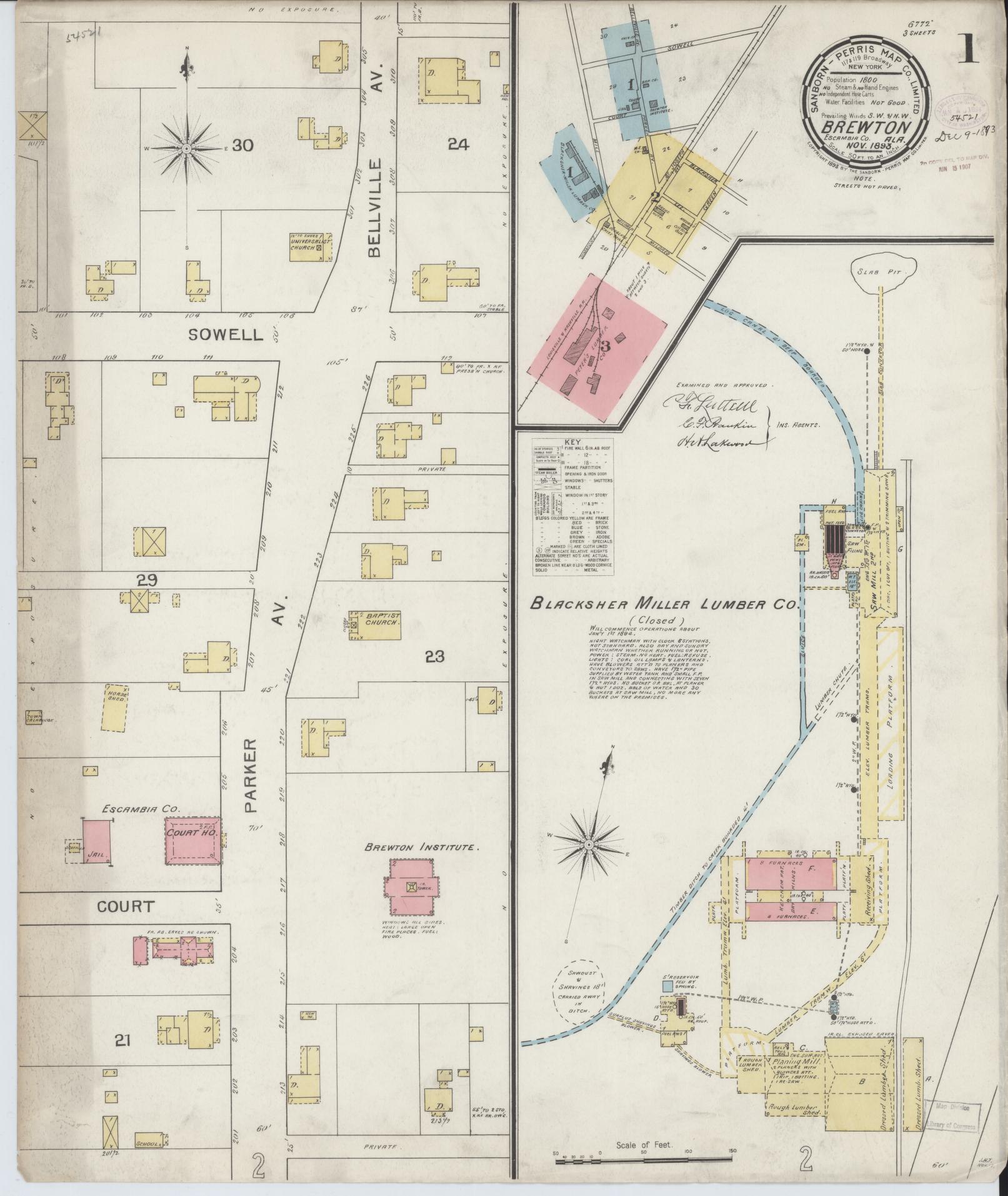 Sanborn Fire Insurance Map from Brewton, Escambia County, Alabama (1893), Sheet #0001 - Complete Map Set gallery image, historic Sanborn map, vintage wall art, Alabama Alabama