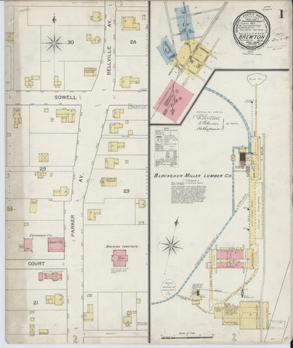 Sanborn Fire Insurance Map from Brewton, Escambia County, Alabama (1893), Sheet #0001 - Complete Map Set gallery image, historic Sanborn map, vintage wall art, Alabama Alabama