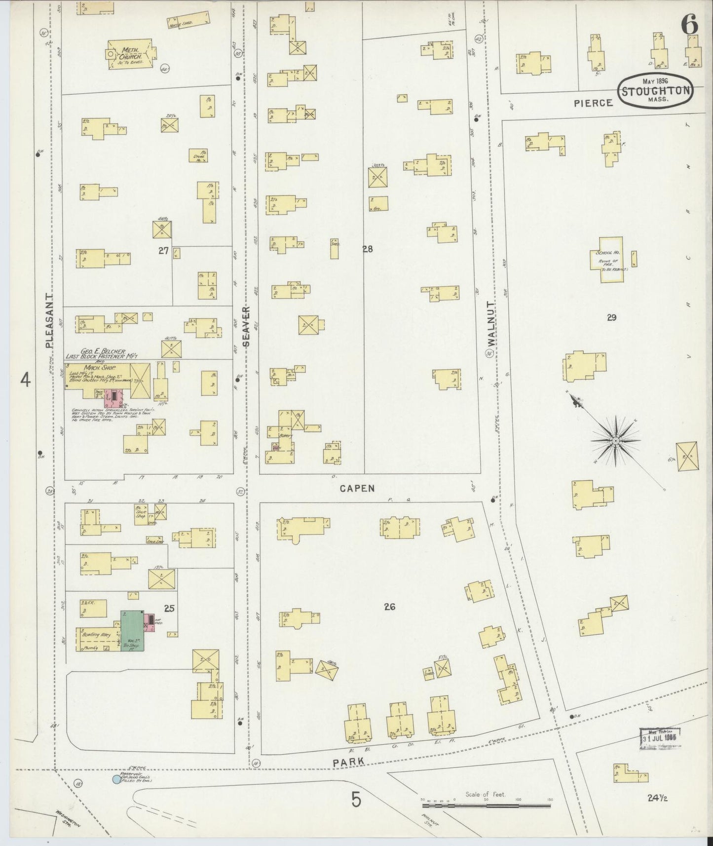 Sanborn Fire Insurance Map from Stoughton, Norfolk County, Massachusetts (1896), Sheet #0006 - Historic Sanborn Fire Insurance Map Print, vintage old map wall art, antique decor, genealogy gift, Massachusetts Massachusetts map