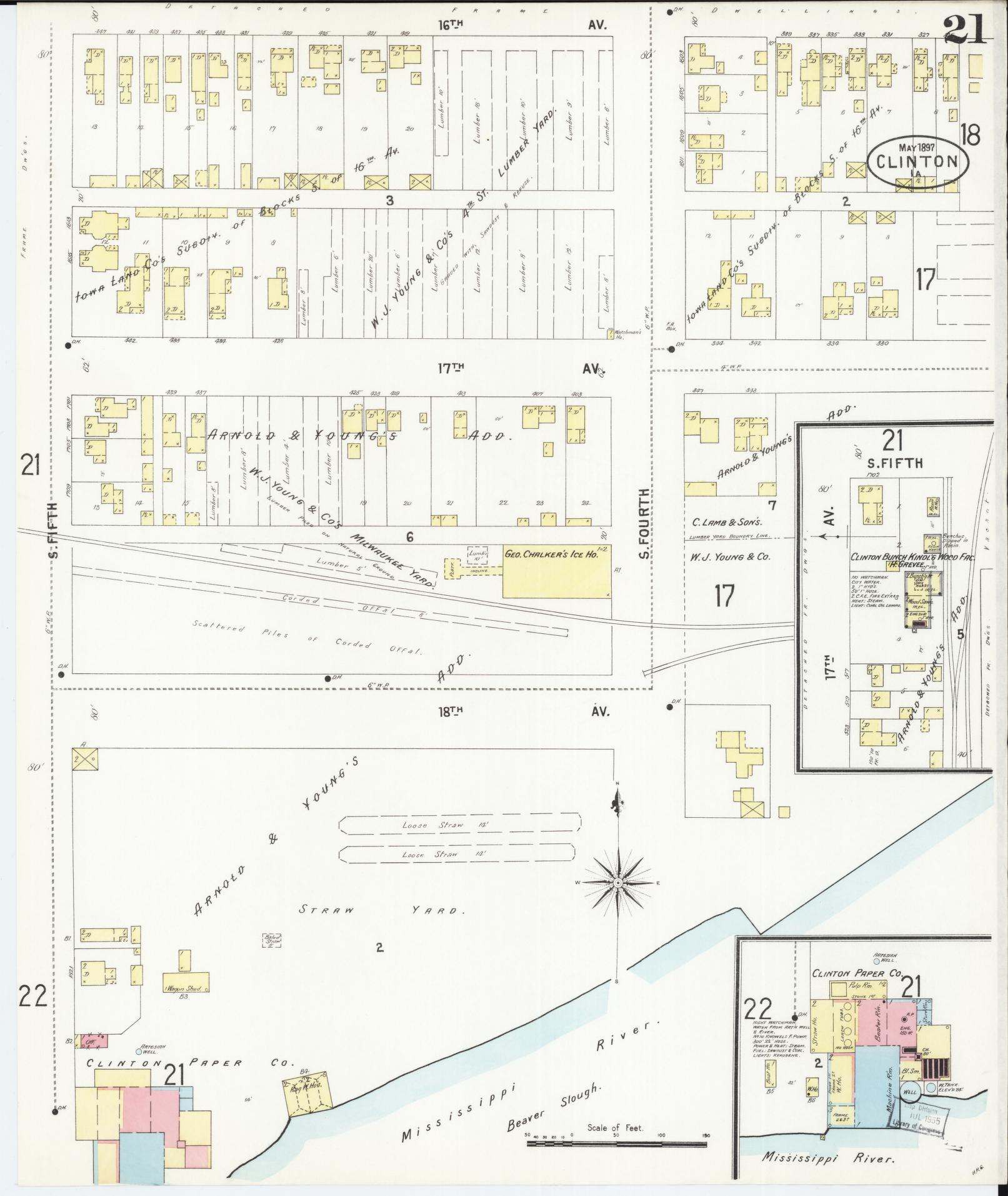 Sanborn Fire Insurance Map from Clinton, Clinton County, Iowa (1897), Sheet #0021 - Historic Sanborn Fire Insurance Map Print, vintage old map wall art