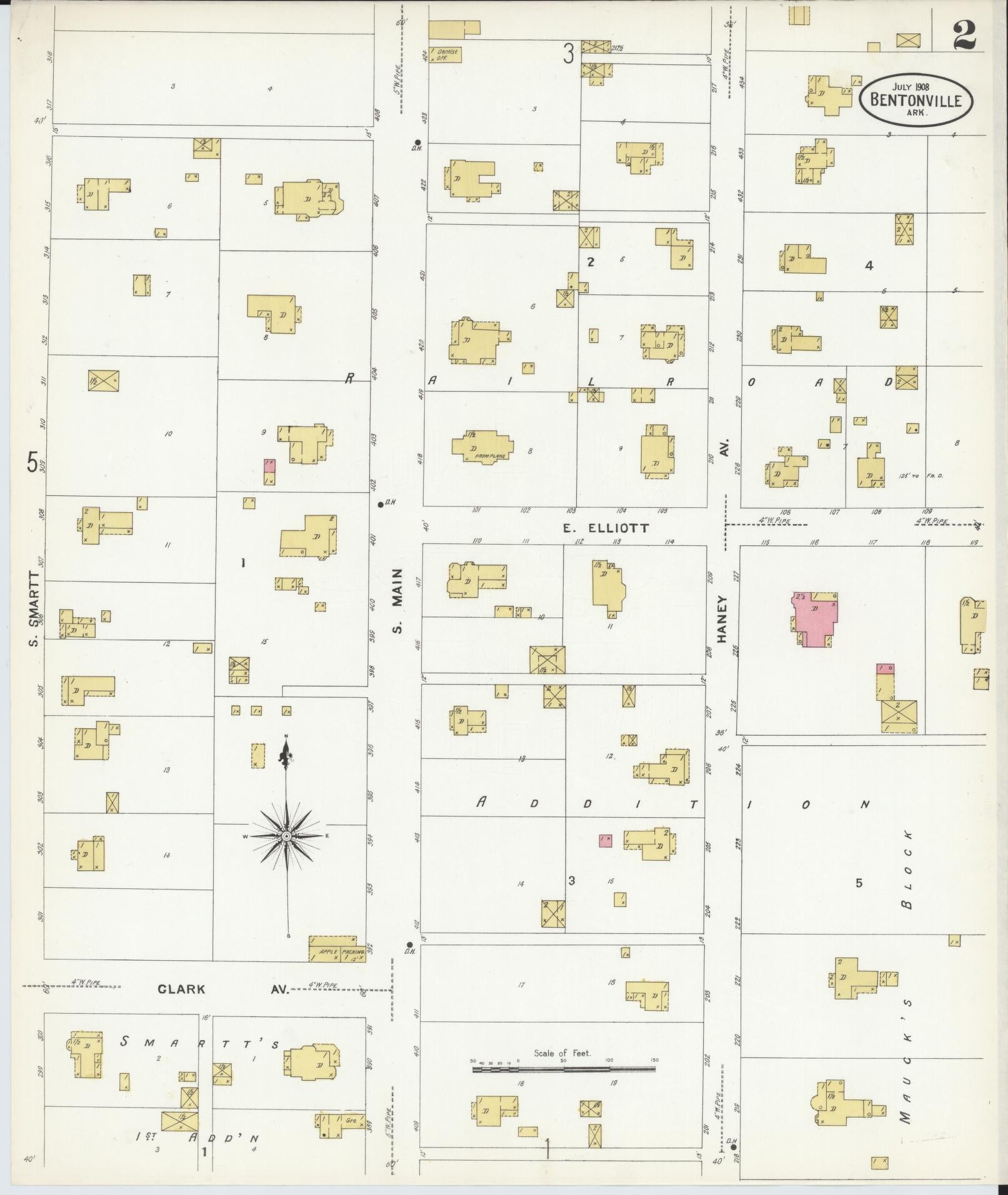 Sanborn Fire Insurance Map from Bentonville, Benton County, Arkansas (1908), Sheet #0002 - Historic Sanborn Fire Insurance Map Print, vintage old map wall art, antique decor, genealogy gift, Arkansas Arkansas map