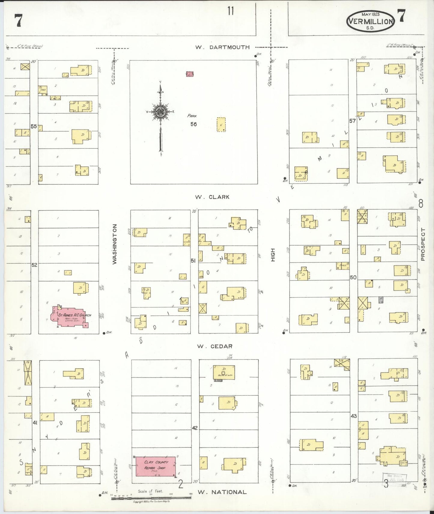 Sanborn Fire Insurance Map from Vermillion, Clay County, South Dakota (1923), Sheet #0007 - Historic Sanborn Fire Insurance Map Print, vintage old map wall art, antique decor, genealogy gift, South Dakota South Dakota map