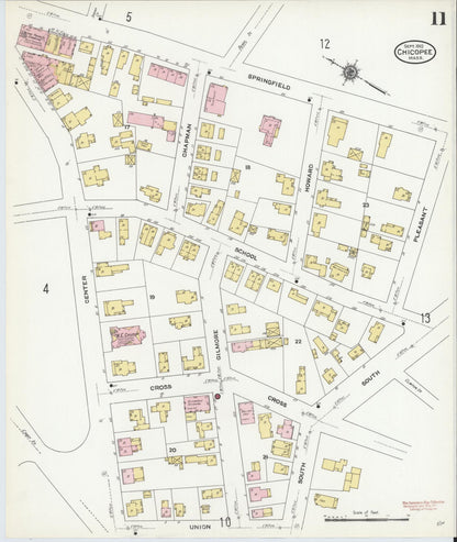 Sanborn Fire Insurance Map from Chicopee, Hampden County, Massachusetts (1910), Sheet #0011 - Historic Sanborn Fire Insurance Map Print, vintage old map wall art, antique decor, genealogy gift, Massachusetts Massachusetts map