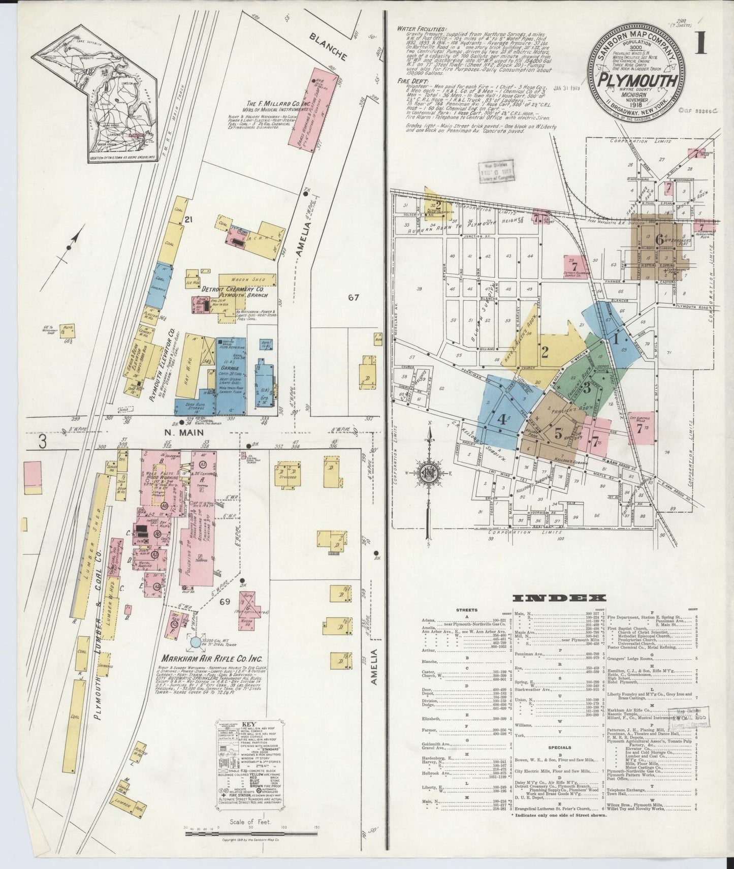 Sanborn Fire Insurance Map from Plymouth, Wayne County, Michigan (1918), Sheet #0001 - Complete Map Set gallery image, historic Sanborn map, vintage wall art, Michigan Michigan