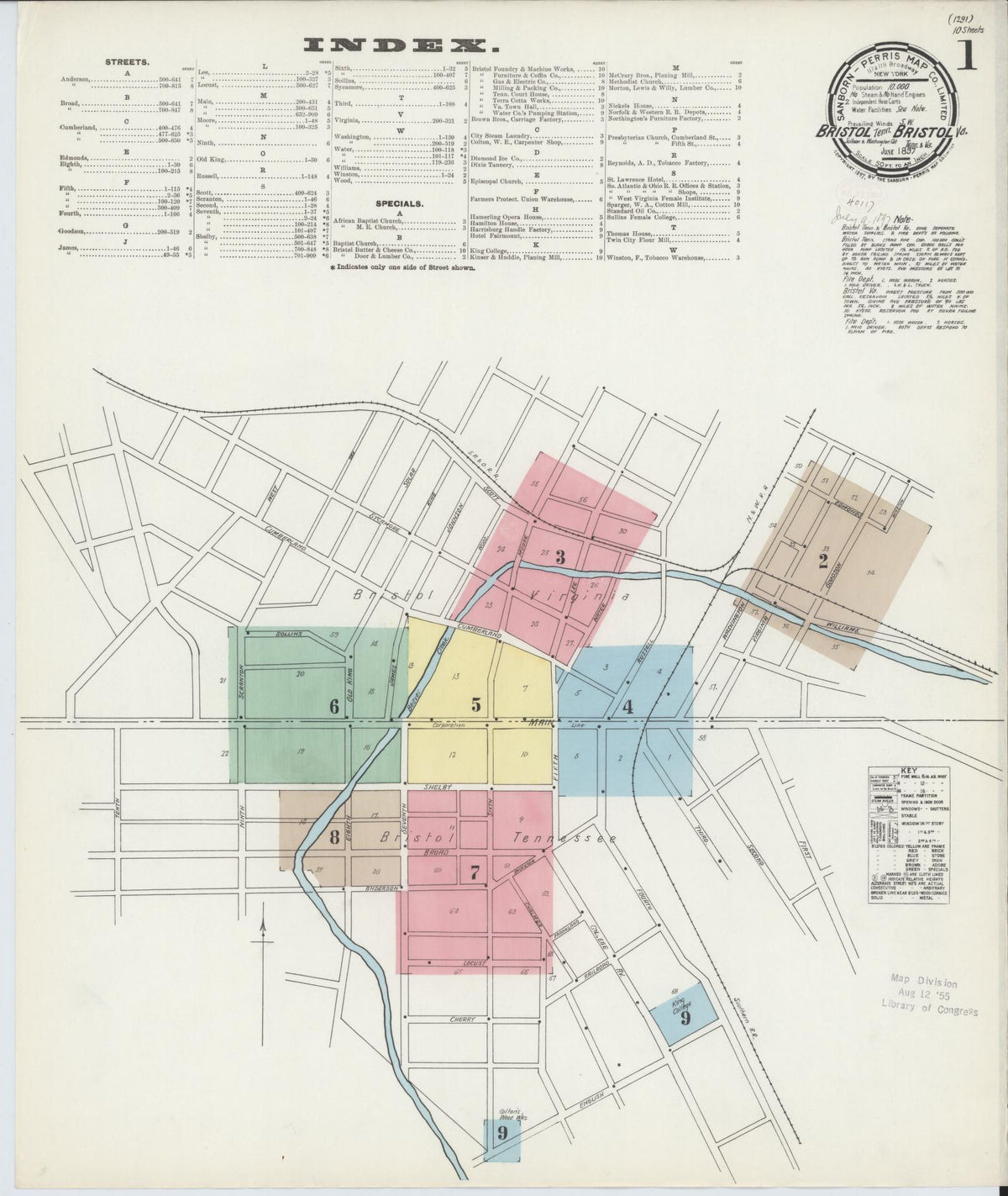 Sanborn Fire Insurance Map from Bristol, Sullivan County, Tennessee (1898), Sheet #0001 - Historic Sanborn Fire Insurance Map Print, vintage old map wall art, antique decor, genealogy gift, Tennessee Tennessee map