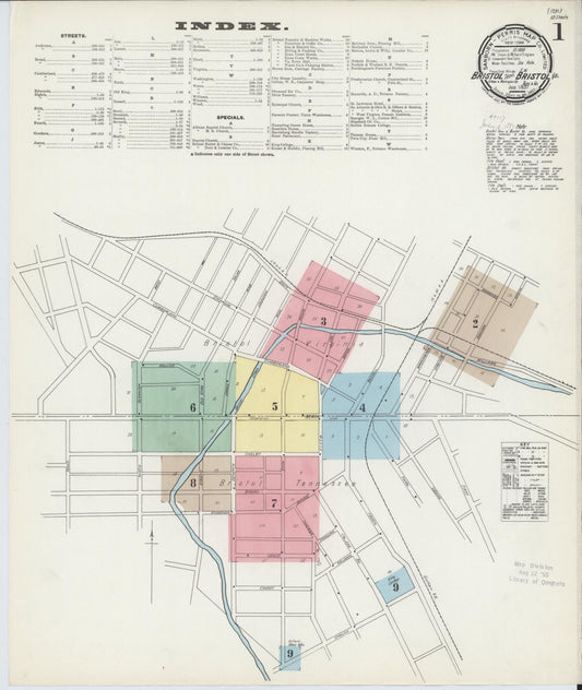 Sanborn Fire Insurance Map from Bristol, Sullivan County, Tennessee (1898), Sheet #0001 - Historic Sanborn Fire Insurance Map Print, vintage old map wall art, antique decor, genealogy gift, Tennessee Tennessee map