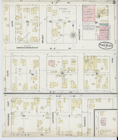 Sanborn Fire Insurance Map from Pine Bluff, Jefferson County, Arkansas (1889), Sheet #0005 - Complete Map Set gallery image, historic Sanborn map, vintage wall art, Arkansas Arkansas
