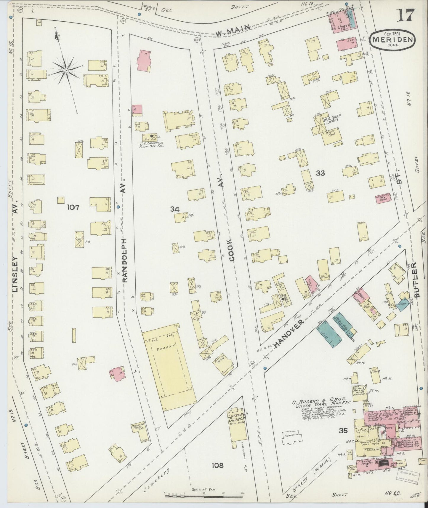 Sanborn Fire Insurance Map from Meriden, New Haven County, Connecticut (1891), Sheet #0017 - Historic Sanborn Fire Insurance Map Print, vintage old map wall art, antique decor, genealogy gift, Connecticut Connecticut map