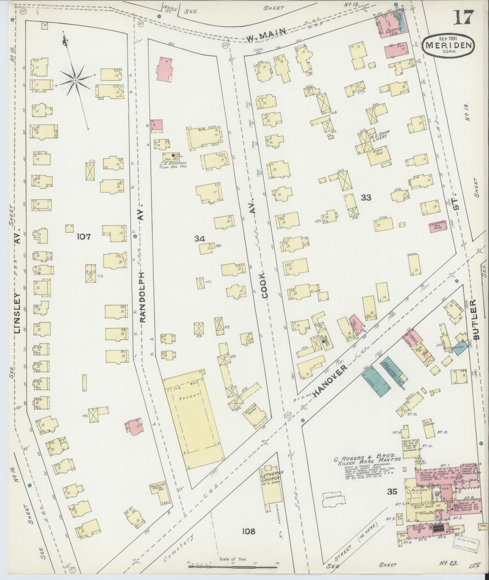 Sanborn Fire Insurance Map from Meriden, New Haven County, Connecticut (1891), Sheet #0017 - Historic Sanborn Fire Insurance Map Print, vintage old map wall art, antique decor, genealogy gift, Connecticut Connecticut map