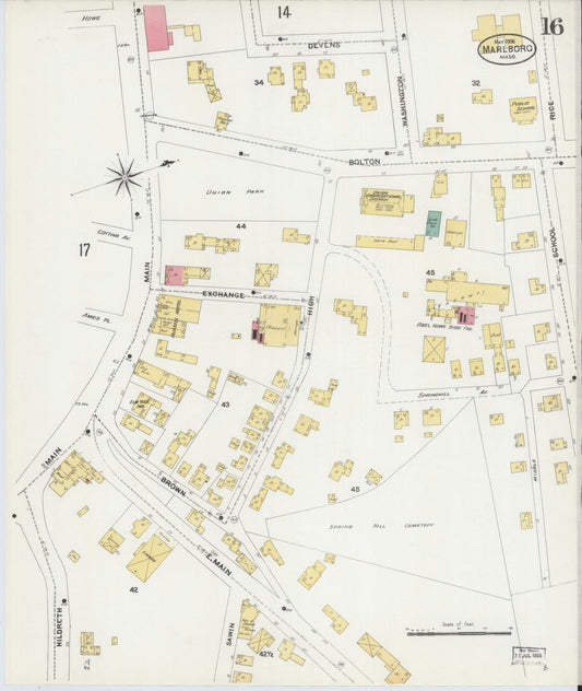 Sanborn Fire Insurance Map from Marlborough, Middlesex County, Massachusetts (1906), Sheet #0016 - Historic Sanborn Fire Insurance Map Print, vintage old map wall art, antique decor, genealogy gift, Massachusetts Massachusetts map