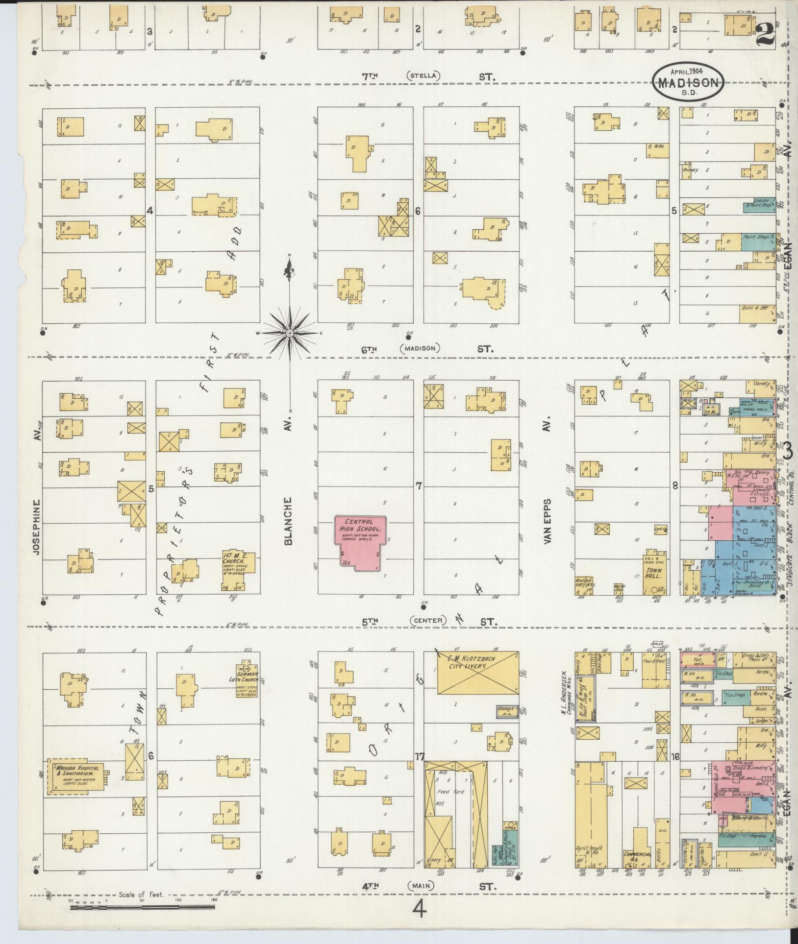 Sanborn Fire Insurance Map from Madison, Lake County, South Dakota (1904), Sheet #0002 - Complete Map Set gallery image, historic Sanborn map, vintage wall art, South Dakota South Dakota