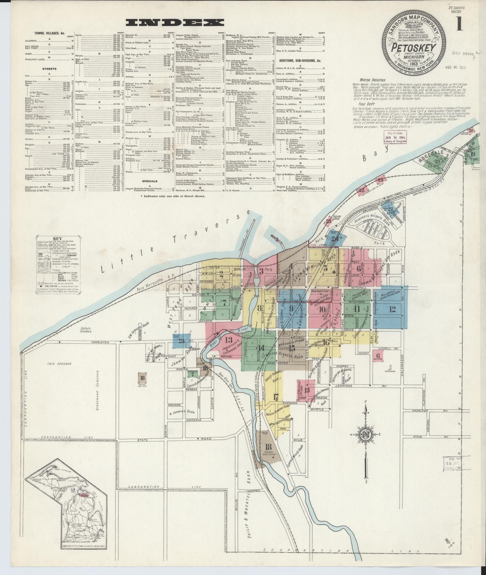 Sanborn Fire Insurance Map from Petoskey, Emmet County, Michigan (1913), Sheet #0001 - Complete Map Set gallery image, historic Sanborn map, vintage wall art, Michigan Michigan