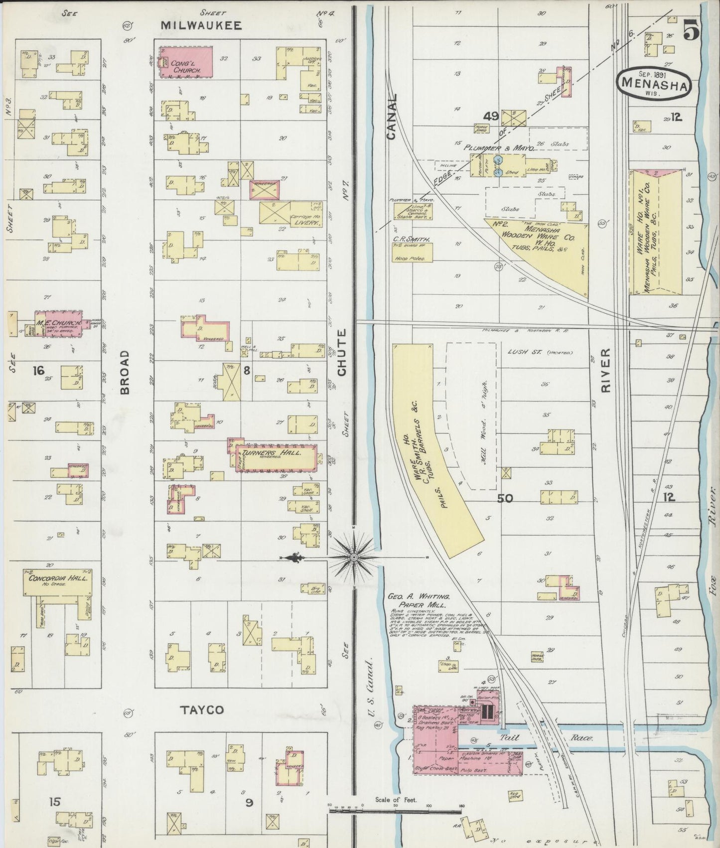 Sanborn Fire Insurance Map from Menasha, Winnebago County, Wisconsin (1891), Sheet #0005 - Complete Map Set gallery image, historic Sanborn map, vintage wall art, Wisconsin Wisconsin