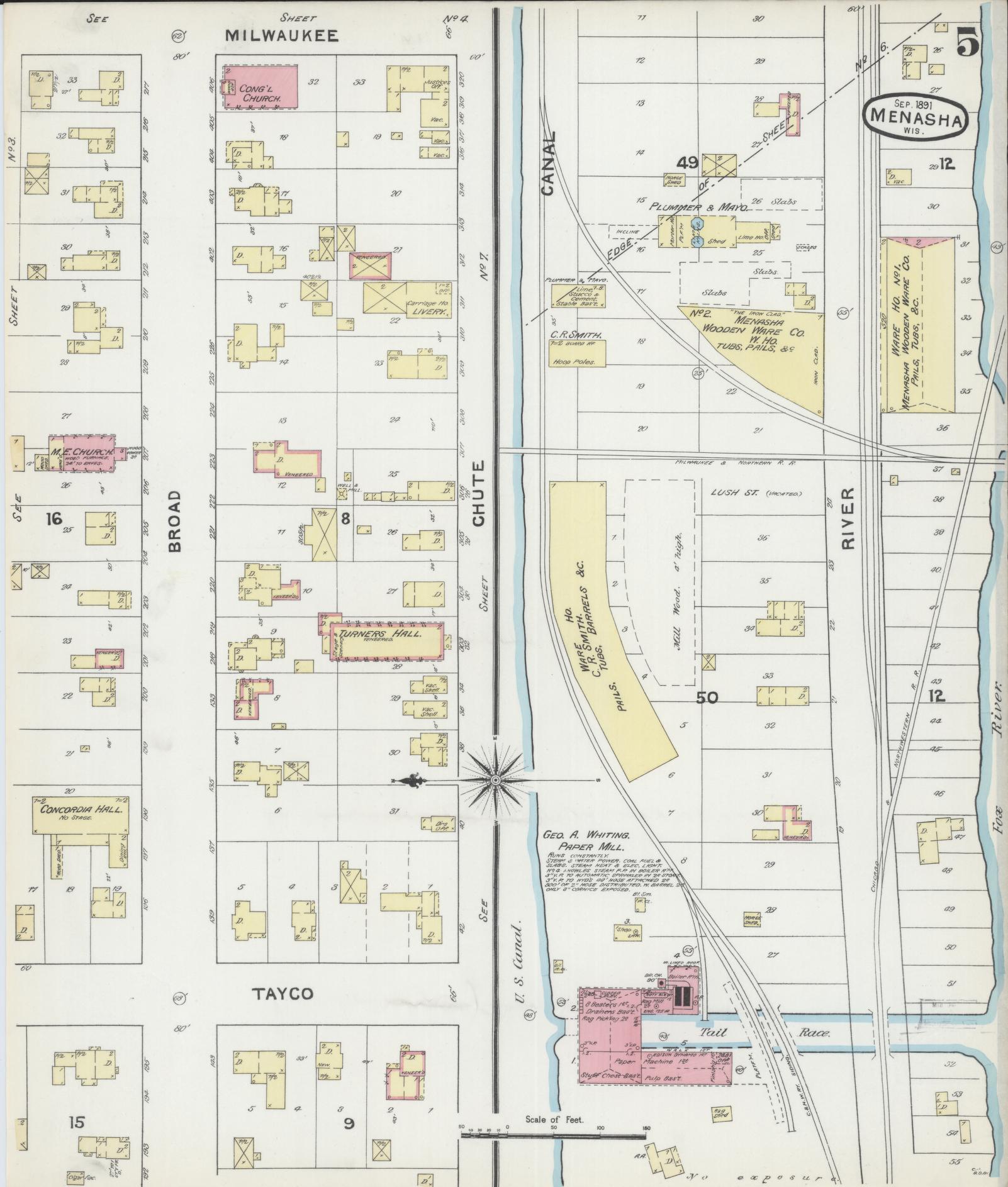 Sanborn Fire Insurance Map from Menasha, Winnebago County, Wisconsin (1891), Sheet #0005 - Complete Map Set gallery image, historic Sanborn map, vintage wall art, Wisconsin Wisconsin