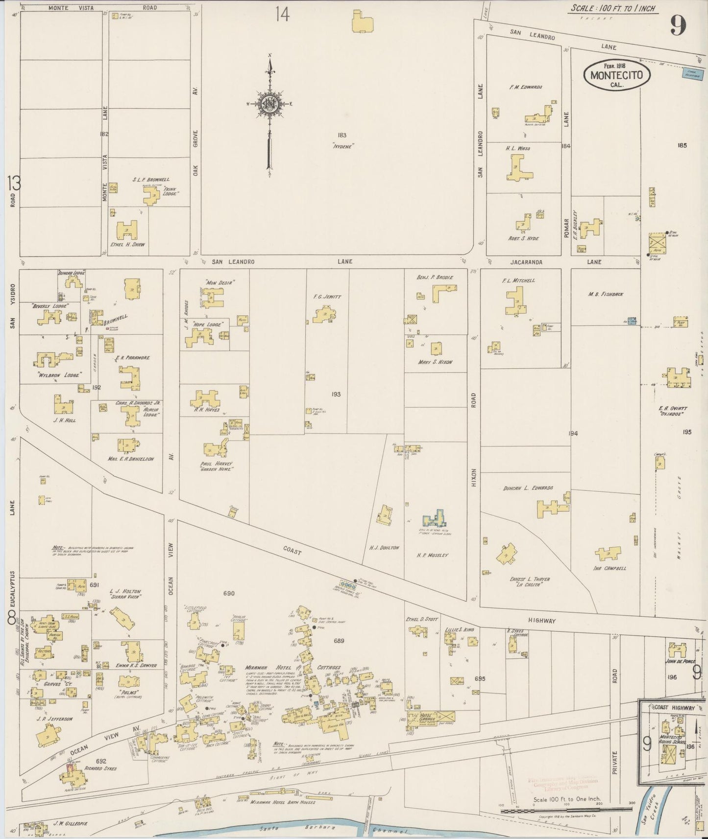 Sanborn Fire Insurance Map from Montecito, Santa Barbara County, California (1918), Sheet #0009 - Complete Map Set gallery image, historic Sanborn map, vintage wall art, California California