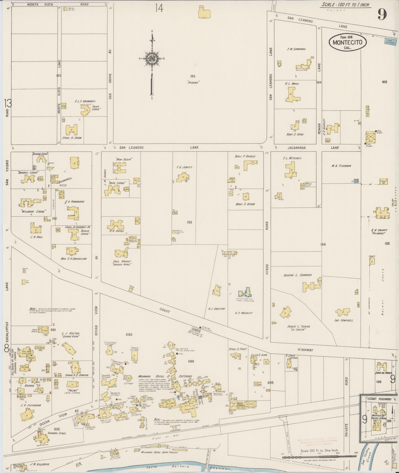 Sanborn Fire Insurance Map from Montecito, Santa Barbara County, California (1918), Sheet #0009 - Complete Map Set gallery image, historic Sanborn map, vintage wall art, California California