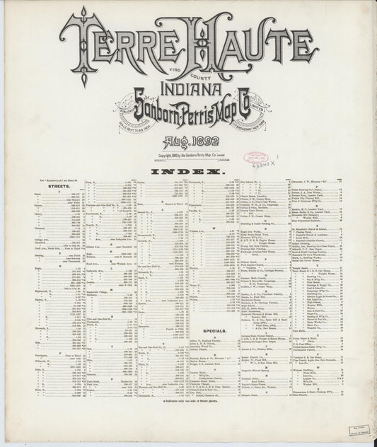Sanborn Fire Insurance Map from Terre Haute, Vigo County, Indiana (1892), Sheet #0001 - Historic Sanborn Fire Insurance Map Print, vintage old map wall art, antique decor, genealogy gift, Indiana Indiana map
