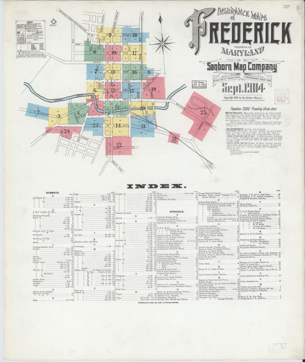 Sanborn Fire Insurance Map from Frederick, Frederick County, Maryland (1904), Sheet #0001 - Historic Sanborn Fire Insurance Map Print, vintage old map wall art, antique decor, genealogy gift, Maryland Maryland map