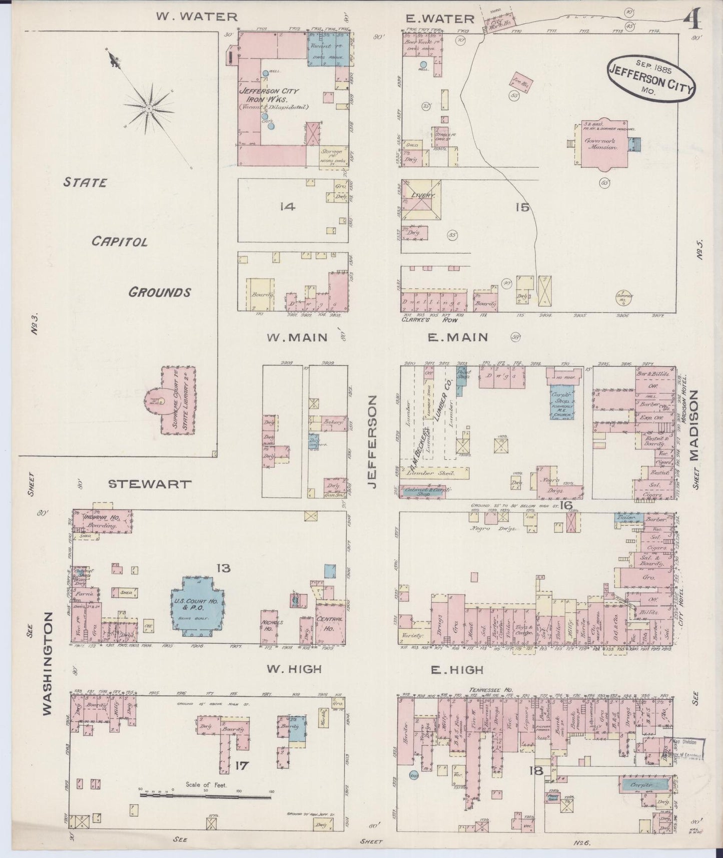 Sanborn Fire Insurance Map from Jefferson City, Cole County, Missouri (1885), Sheet #0004 - Complete Map Set gallery image, historic Sanborn map, vintage wall art, Missouri Missouri