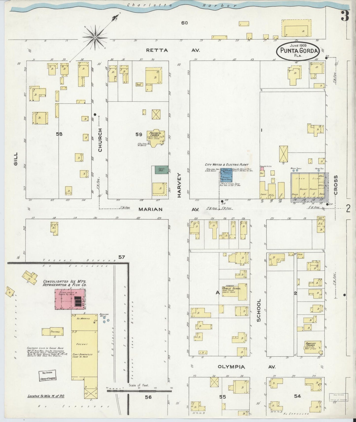 Sanborn Fire Insurance Map from Punta Gorda, Charlotte County, Florida (1909), Sheet #0003 - Complete Map Set gallery image, historic Sanborn map, vintage wall art, Florida Florida