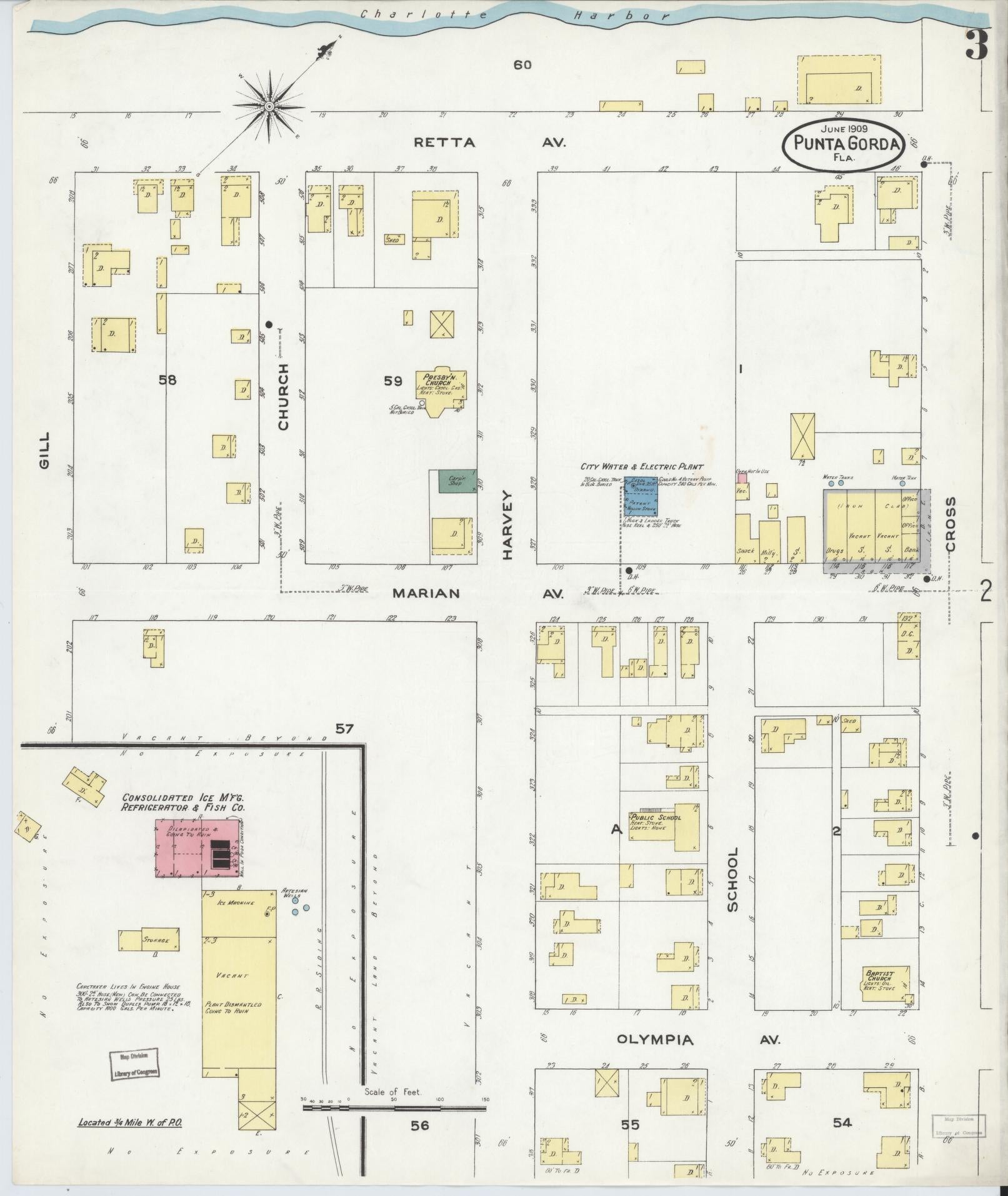 Sanborn Fire Insurance Map from Punta Gorda, Charlotte County, Florida (1909), Sheet #0003 - Complete Map Set gallery image, historic Sanborn map, vintage wall art, Florida Florida