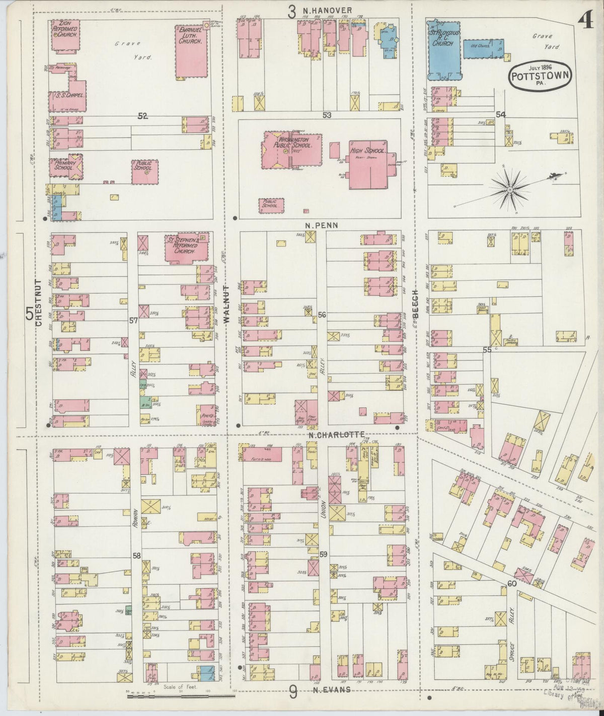 Sanborn Fire Insurance Map from Pottstown, Montgomery County, Pennsylvania (1896), Sheet #0004 - Historic Sanborn Fire Insurance Map Print, vintage old map wall art, antique decor, genealogy gift, Pennsylvania Pennsylvania map
