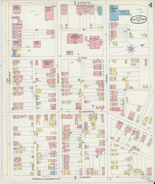 Sanborn Fire Insurance Map from Pottstown, Montgomery County, Pennsylvania (1896), Sheet #0004 - Historic Sanborn Fire Insurance Map Print, vintage old map wall art, antique decor, genealogy gift, Pennsylvania Pennsylvania map
