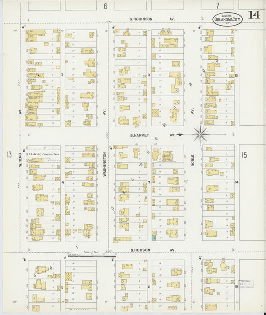 Sanborn Fire Insurance Map from Oklahoma City, Oklahoma County, Oklahoma (1901), Sheet #0014 - Historic Sanborn Fire Insurance Map Print, vintage old map wall art, antique decor, genealogy gift, Oklahoma City Oklahoma map