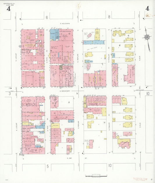 Sanborn Fire Insurance Map from Centralia, Marion, Clinton, Jefferson, and Washington Counties, Illinois (1938), Sheet #0004 - Historic Sanborn Fire Insurance Map Print, vintage old map wall art, antique decor, genealogy gift, Illinois Illinois map