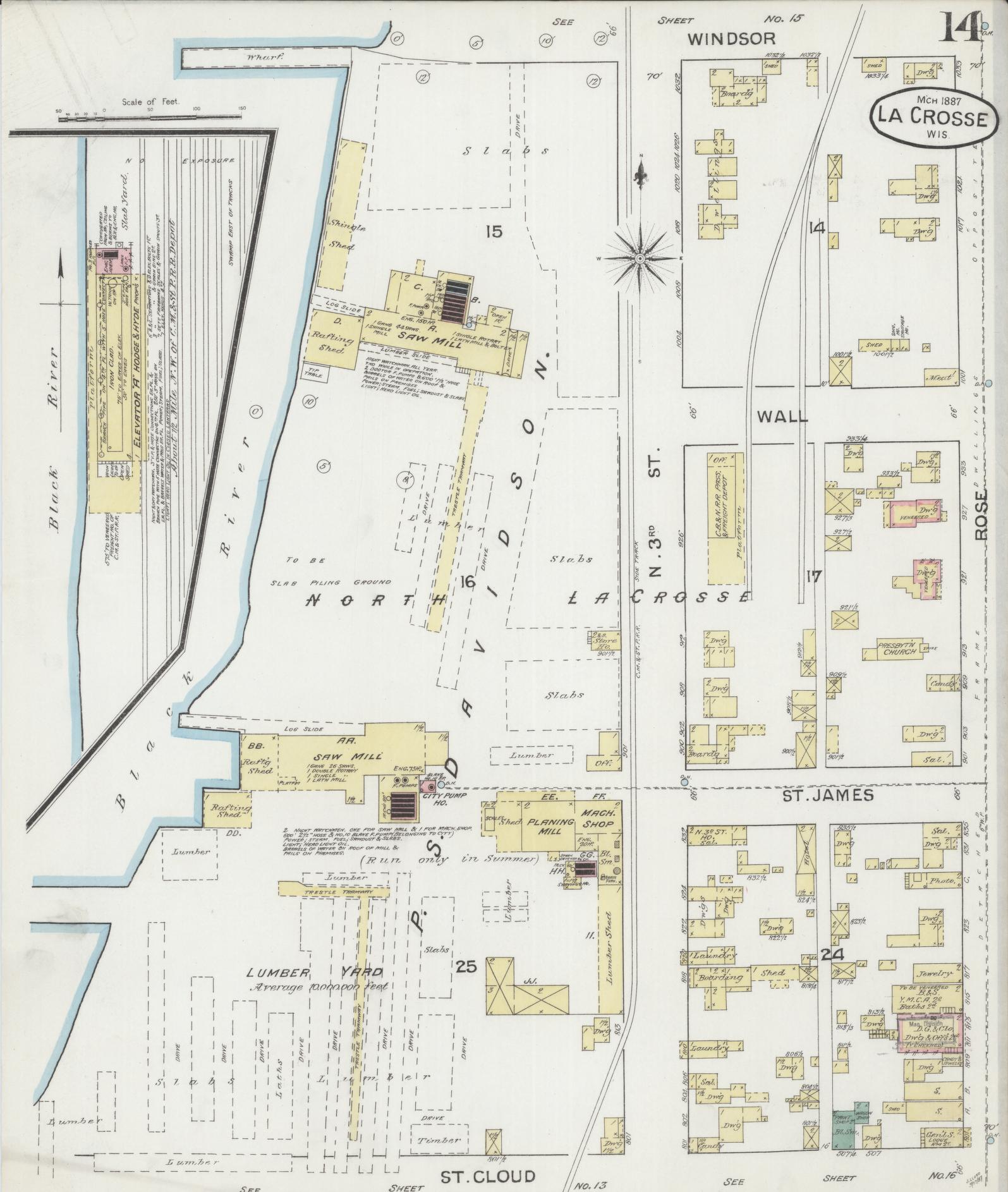 Sanborn Fire Insurance Map from La Crosse, La Crosse County, Wisconsin (1887), Sheet #0014 - Historic Sanborn Fire Insurance Map Print, vintage old map wall art, antique decor, genealogy gift, Wisconsin Wisconsin map