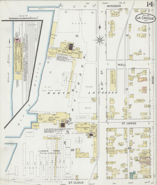 Sanborn Fire Insurance Map from La Crosse, La Crosse County, Wisconsin (1887), Sheet #0014 - Historic Sanborn Fire Insurance Map Print, vintage old map wall art, antique decor, genealogy gift, Wisconsin Wisconsin map
