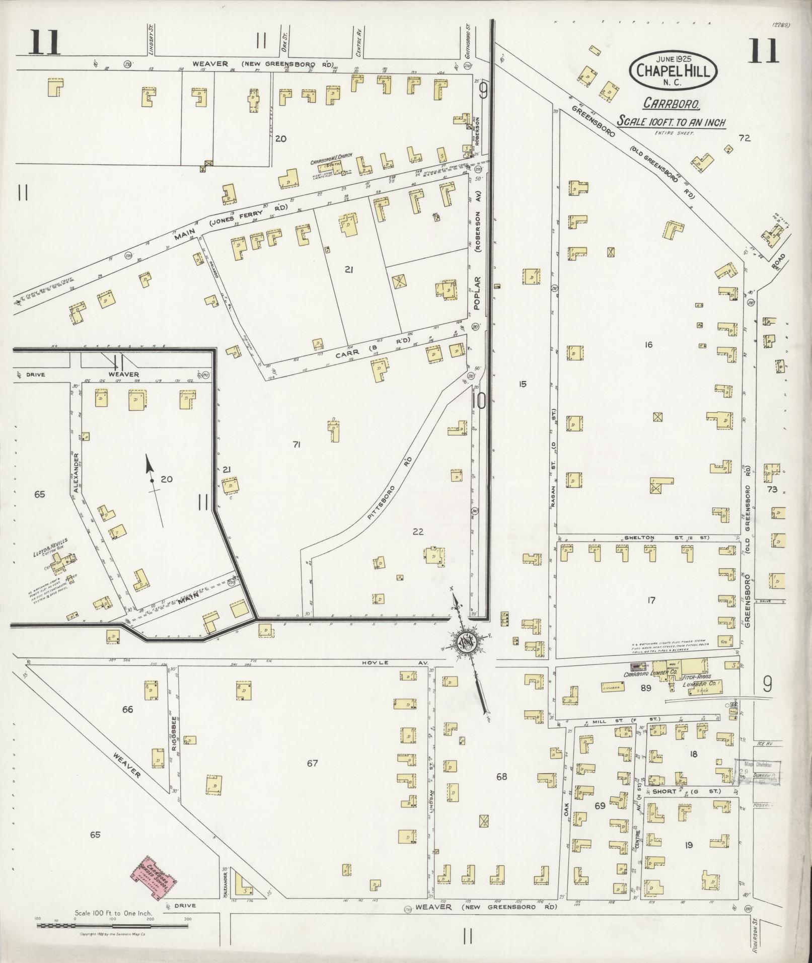 Sanborn Fire Insurance Map from Chapel Hill, Orange County, North Carolina (1925), Sheet #0011 - Complete Map Set gallery image, historic Sanborn map, vintage wall art, North Carolina North Carolina