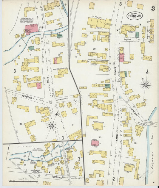 Sanborn Fire Insurance Map from Franklin, Merrimack County, New Hampshire (1902), Sheet #0003 - Historic Sanborn Fire Insurance Map Print, vintage old map wall art, antique decor, genealogy gift, New Hampshire New Hampshire map